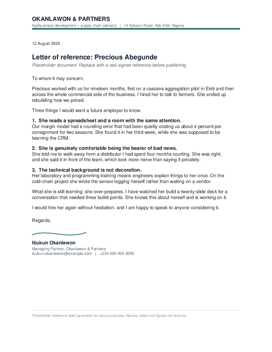 First page of a one-page letter of reference